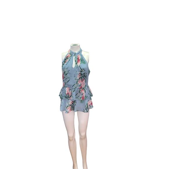 Belle Vere Blue Floral Chiffon Tiered Ruffle Sleeveless Dressy Blouse M - Picture 2 of 5